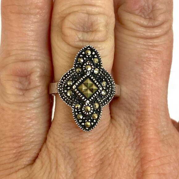 VTG Sterling Silver 925 Oxidized Art Deco Style Marcasite Band Ring Sz 6.75 - Picture 13 of 16
